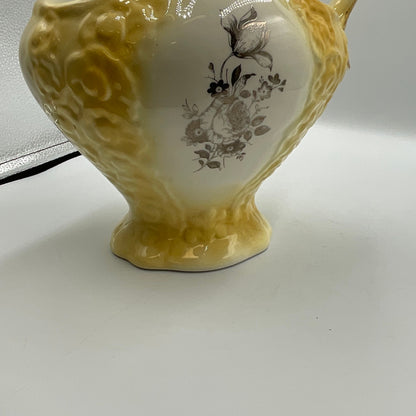 Vintage Yellow Porcelain Pitcher Vase with Goldtone Trim