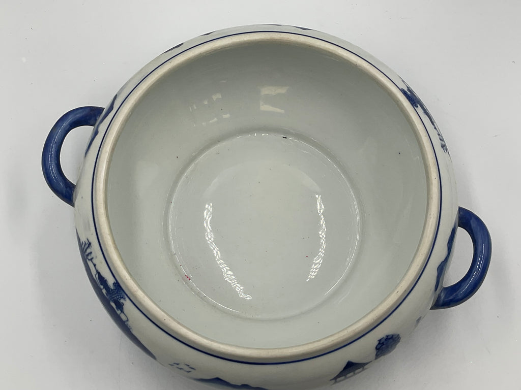 Blue and White Porcelain Lidded Soup Tureen Butterfly Handle Chinoiserie