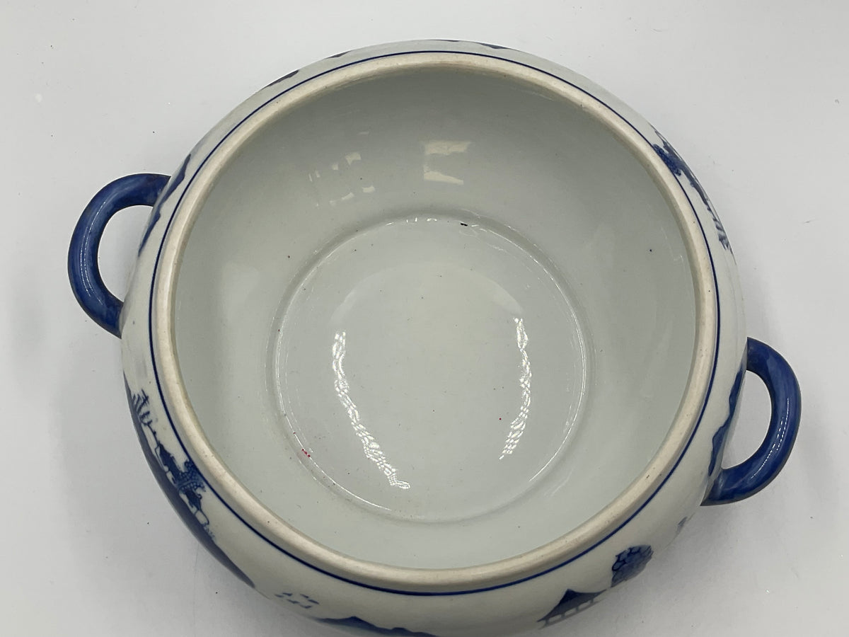 Blue and White Porcelain Lidded Soup Tureen Butterfly Handle Chinoiserie