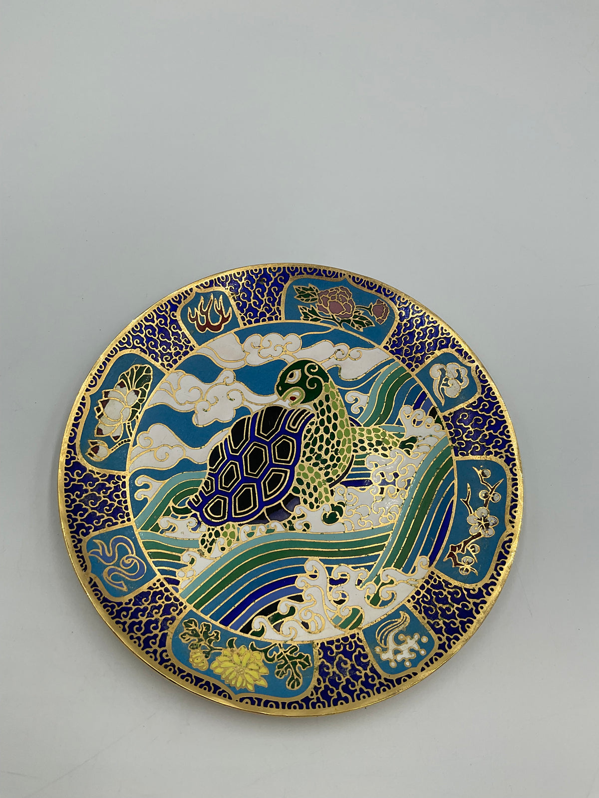 Vintage Hamilton Cloisonne Plate The Tortoise Mou Sien Tseng Chinese Symbols