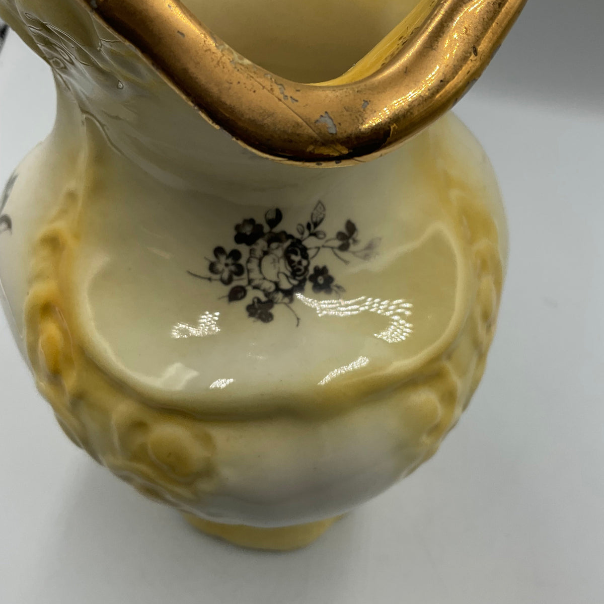 Vintage Yellow Porcelain Pitcher Vase with Goldtone Trim