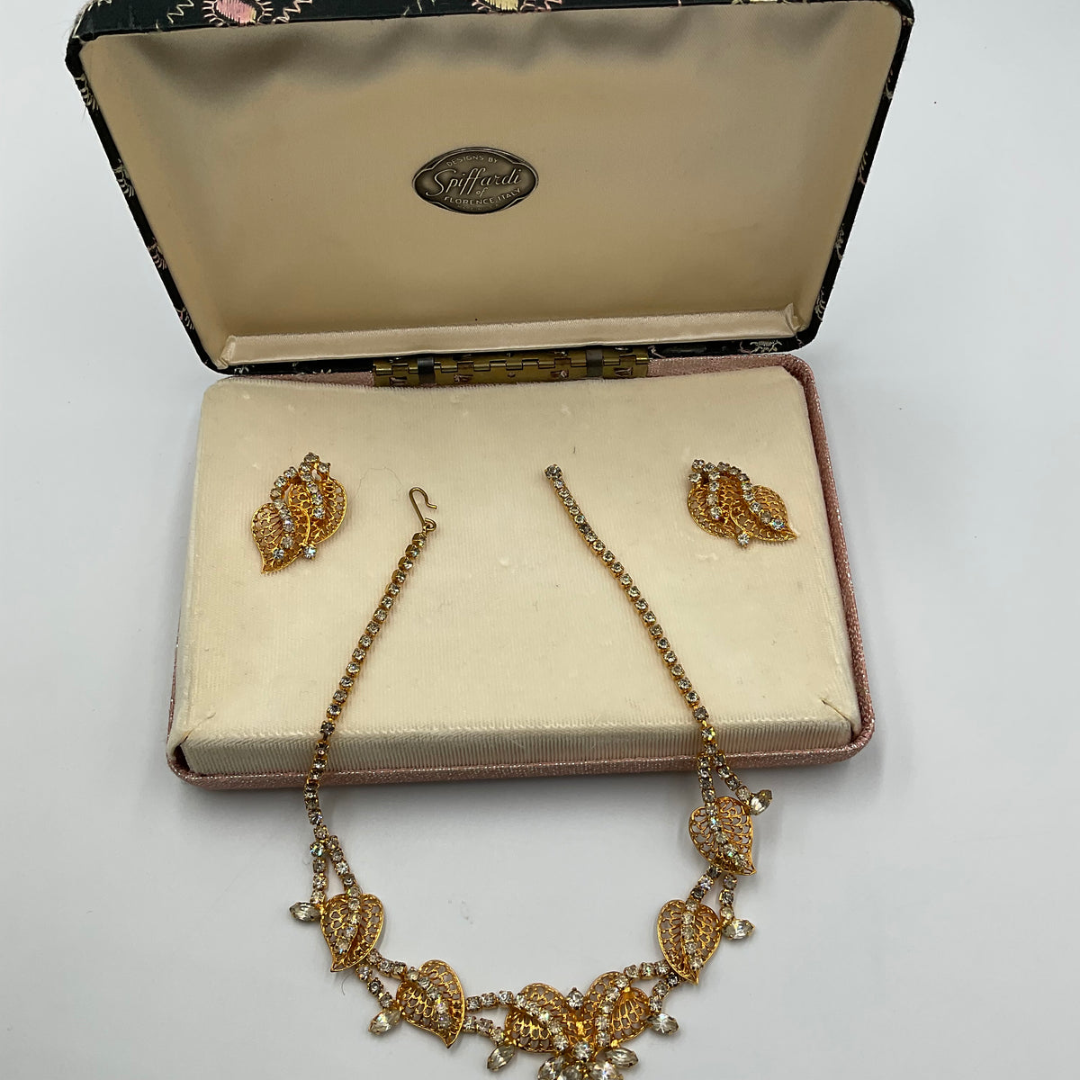 Gold Tone Rhinestone Leaf Necklace And Earrings”Spiffardi  of Florence Of Italy”