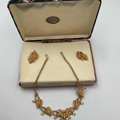 Gold Tone Rhinestone Leaf Necklace And Earrings”Spiffardi  of Florence Of Italy”