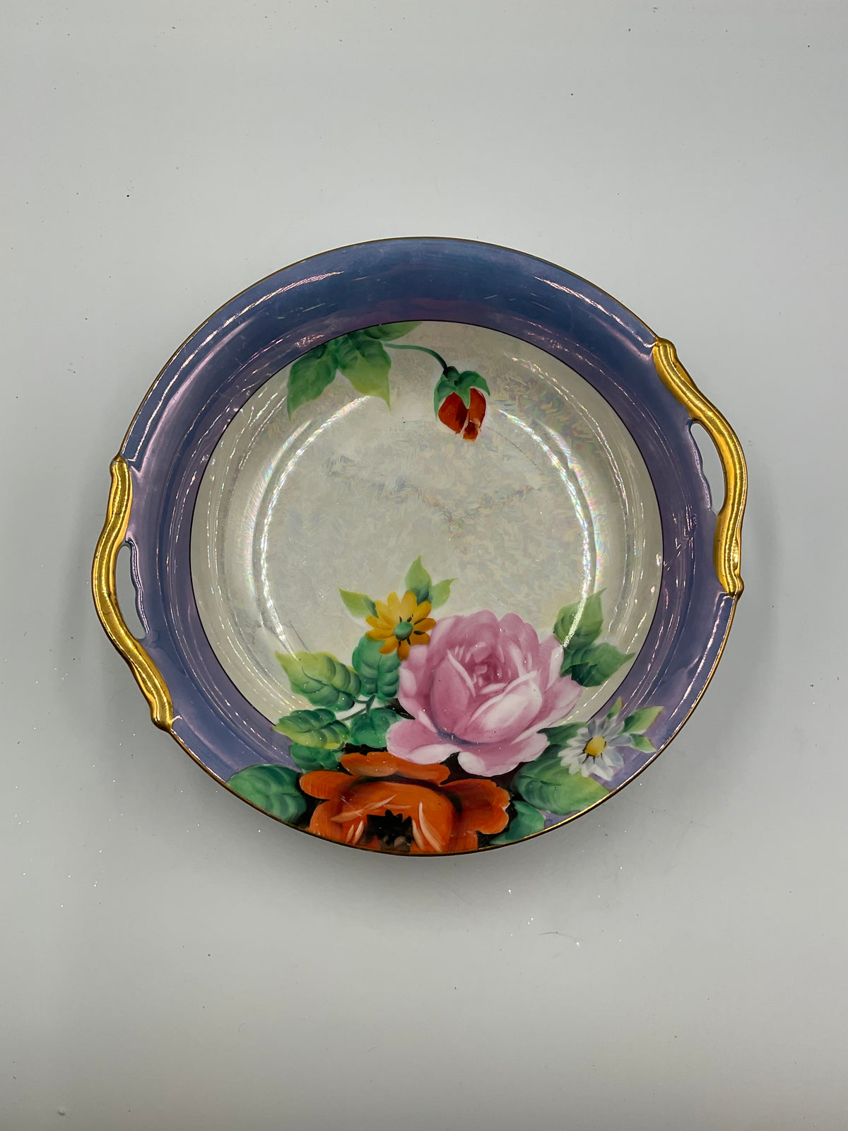 Vintage Japan Floral Porcelain Serving Bowl Blue Gold Double Handles Roses