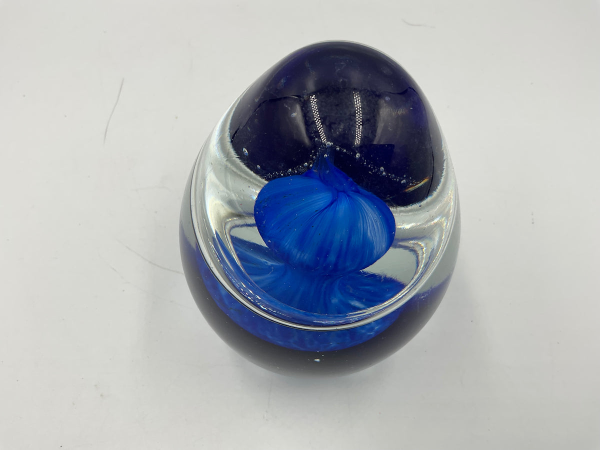 Bohemia Style Cobalt Blue Art Glass Egg Paperweight Clear Swirl