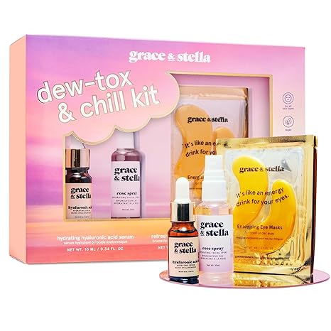 Grace & Stella Dew-Tox & Chill Kit Gold Eye Masks, Hyaluronic Acid Serum, Rose Spray, New in Box