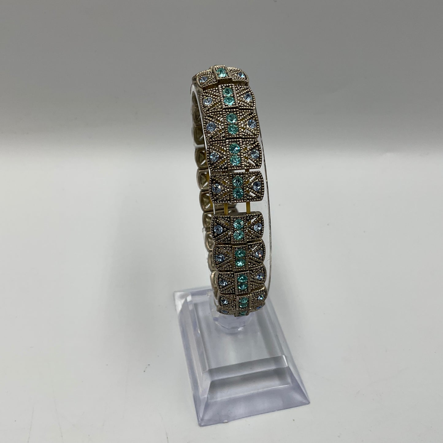 Silver Toned Stretch Bracelet with Auqa Blue Stones