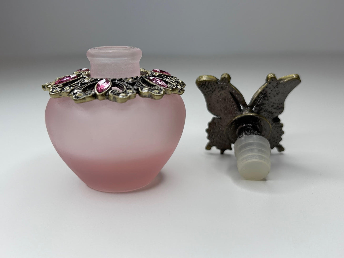 Butterfly Inspired Perfume Bottle Frosted Glass Pink Crystal Jeweled Bottle with Stopper