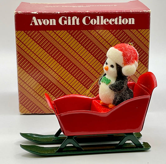Avon Gift Collection Vintage Christmas Holiday Seasonal Ornament Snowy Penguin Santa Sleigh Original Box