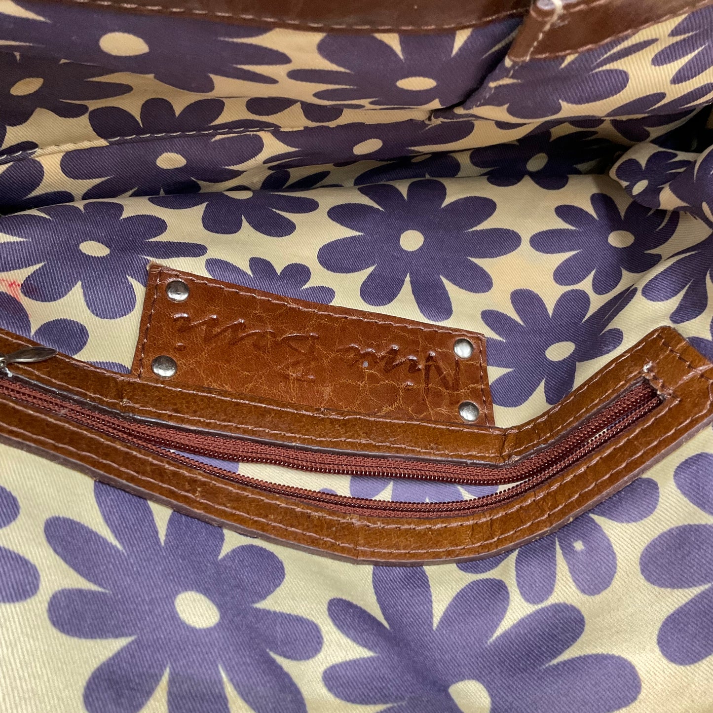 Nina Bossi Brown Leather Purse with purple flower pattern inside