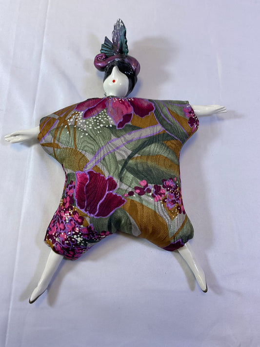 Poupee Millet Art Doll Black Hat with Purple Feather Handmade in France