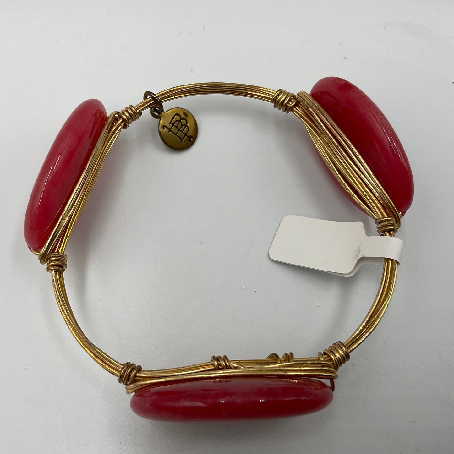 Bourbon and Boweties Gold Tone Wire Bangle Large Pink Stones