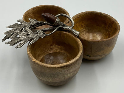 Mud Pie Mango Wood 3 Bowl Acorn Oak Leaf Nut Condiment Serving Set