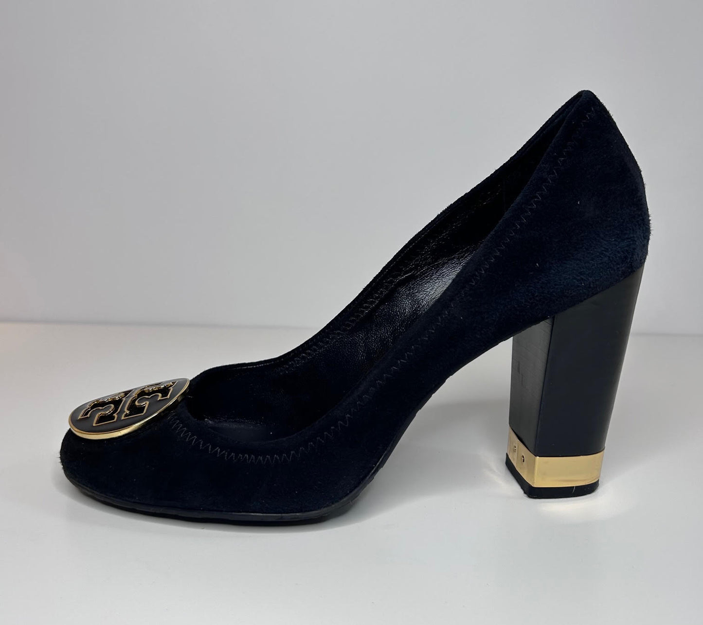 Tory Burch Maddie Pumps Black Suede Gold Trim Womens Shoes Size 8.5