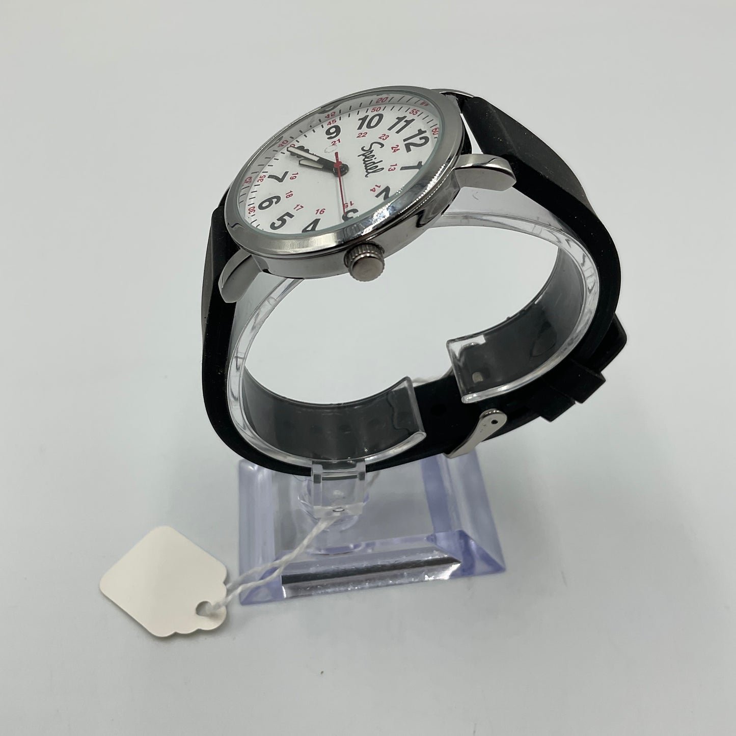Speidel Men's Black Rubber Band White Face Easy Reader Watch