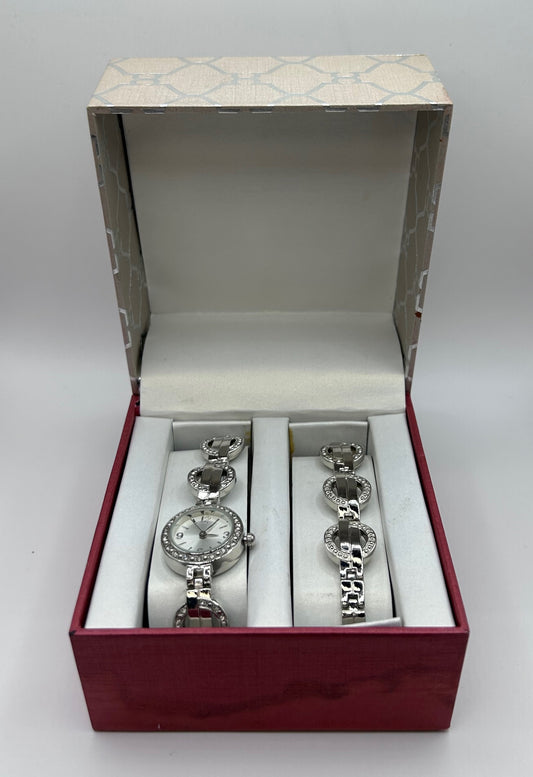 Silvertone and Clear Stone Ladies Watch and Bracelet Set in Original Box