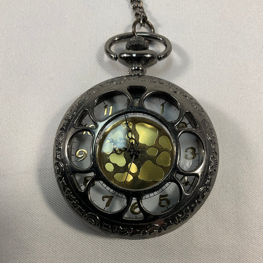 Black Pocket Watch Goldtone Face 15 In Chain Working Condition New Battery