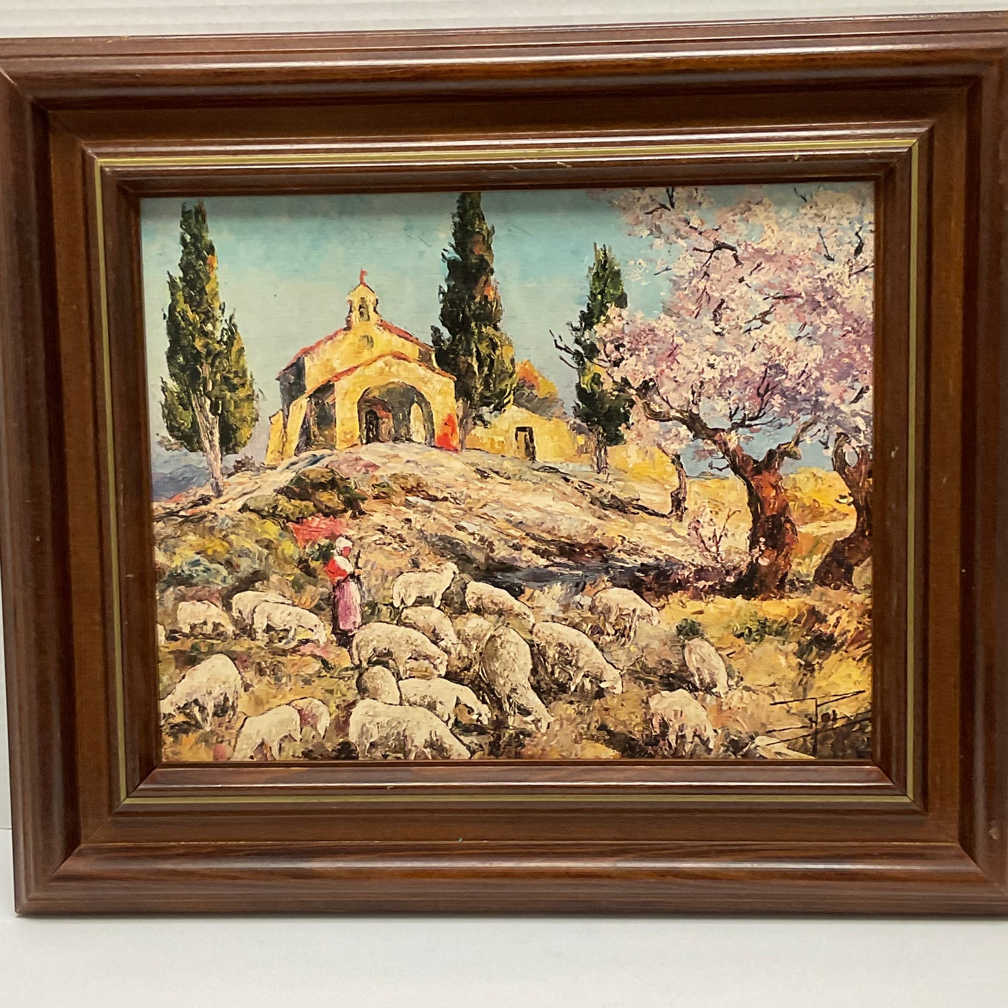 Pastoral Landscape Framed Artwork Shepherd & Sheep Chapel Scene