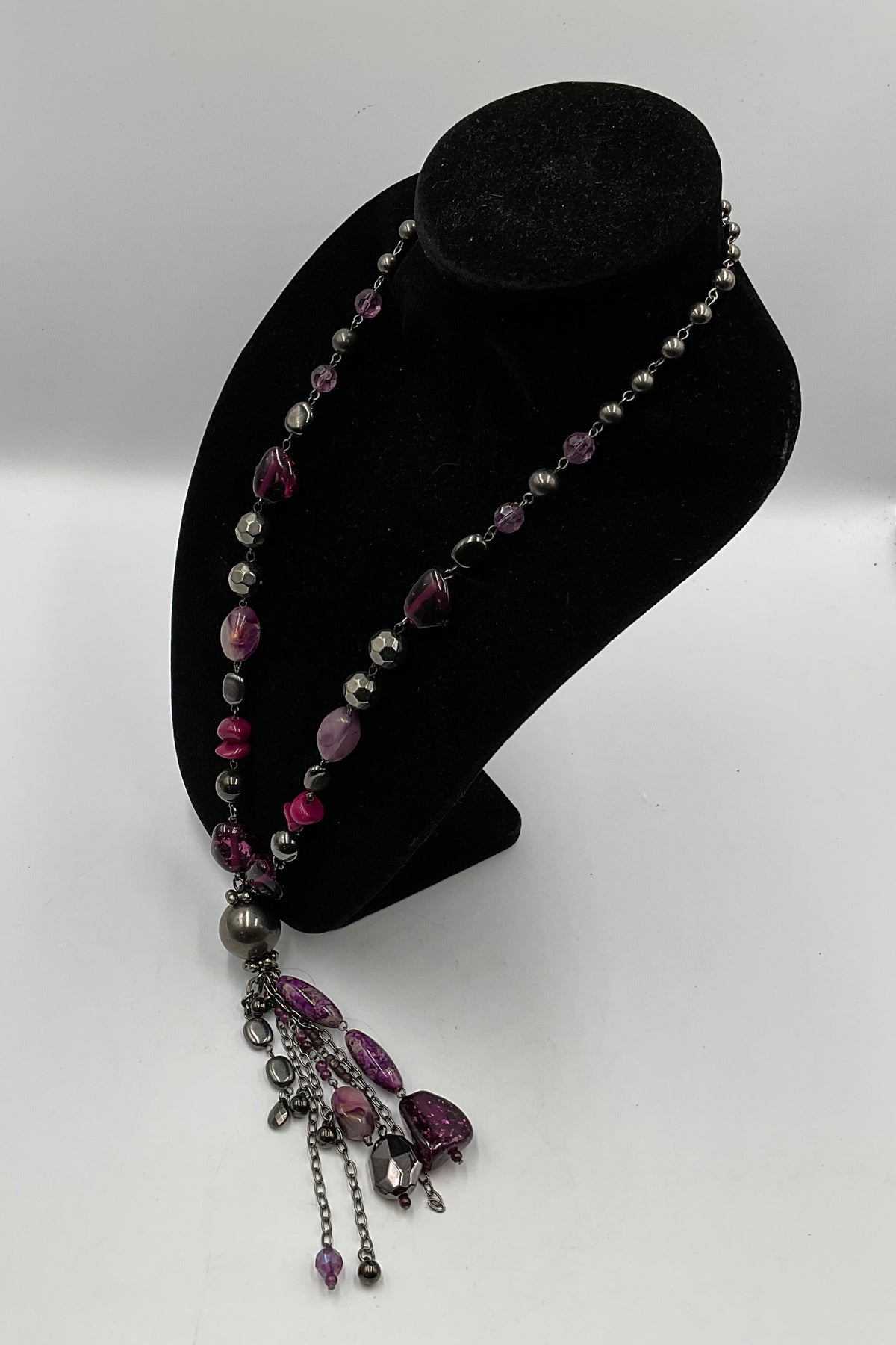 Purple Stone and Bead Chain Necklace