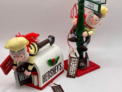 Vintage 1996 Kurt Adler Hershey's Christmas Ornament Elf on Lamppost and Elf on Mailbox