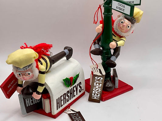 Vintage 1996 Kurt Adler Hershey's Christmas Ornament Elf on Lamppost and Elf on Mailbox