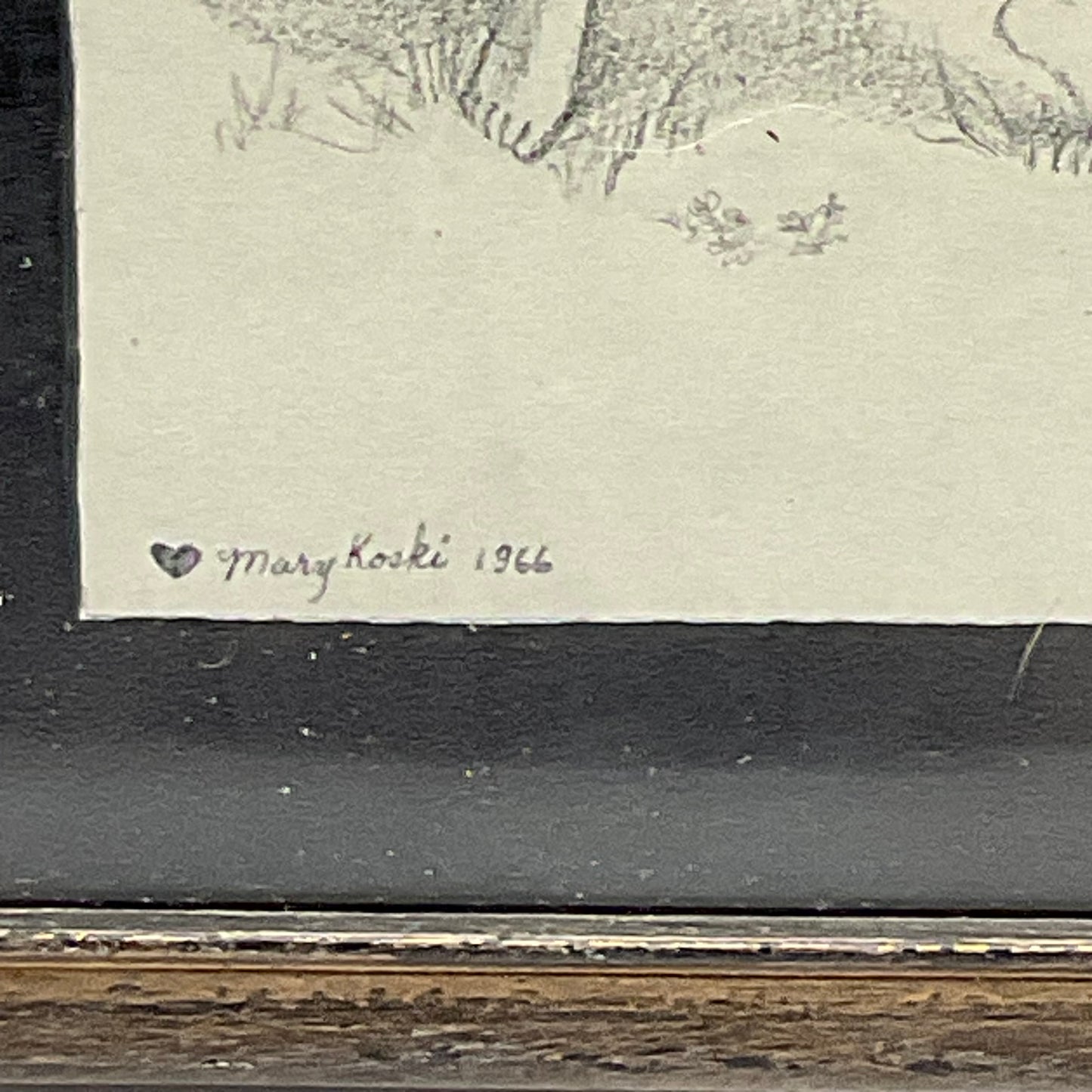 Mary Koski Artist Vintage 1966 Framed Pencil Art Sketch Children at Play