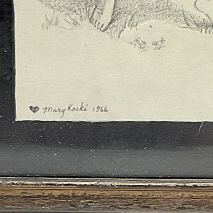 Mary Koski Artist Vintage 1966 Framed Pencil Art Sketch Children at Play