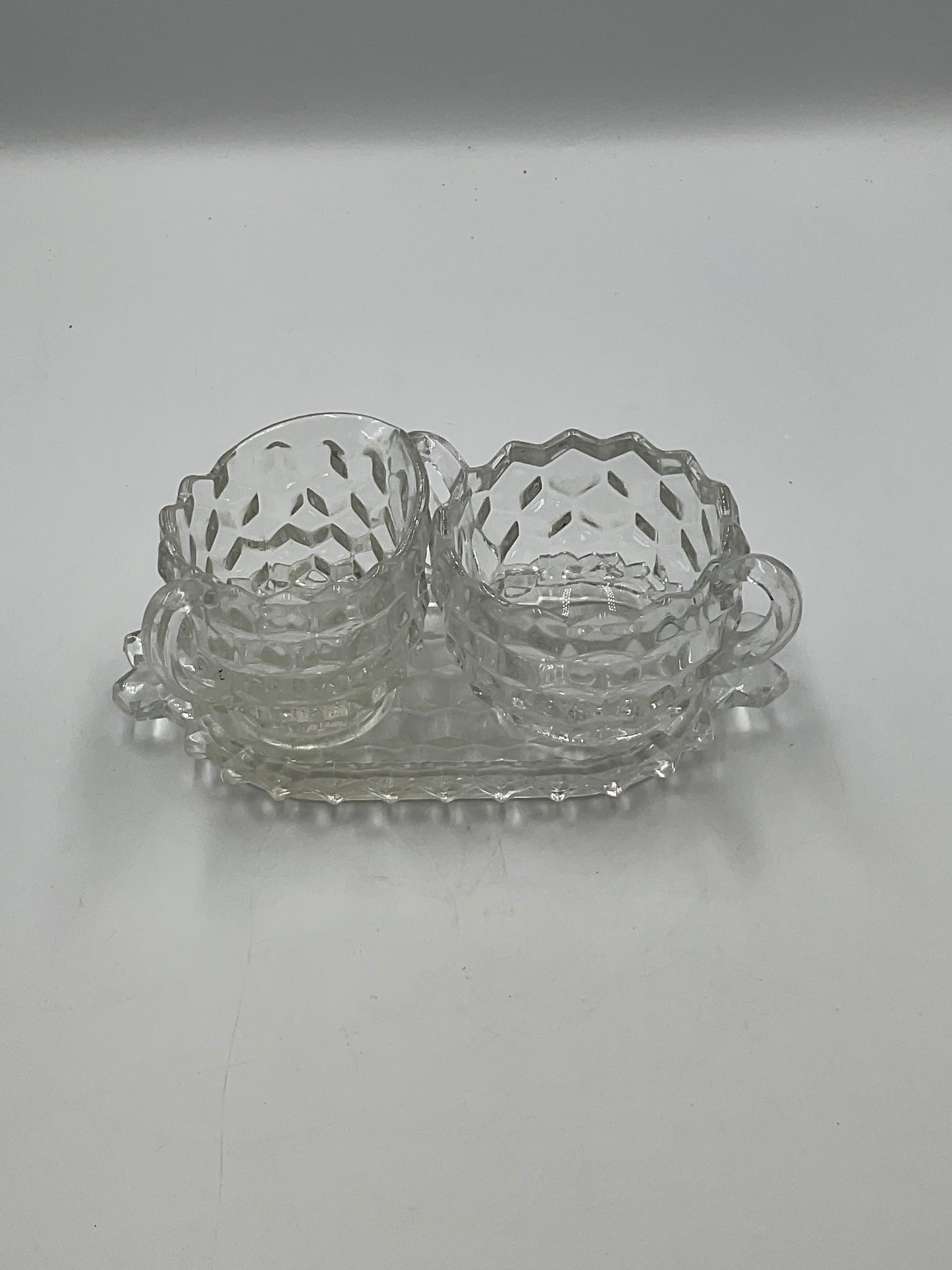 Vintage Fostoria American Clear Glass Creamer,Open Sugar Bowl and Matching Under Tray