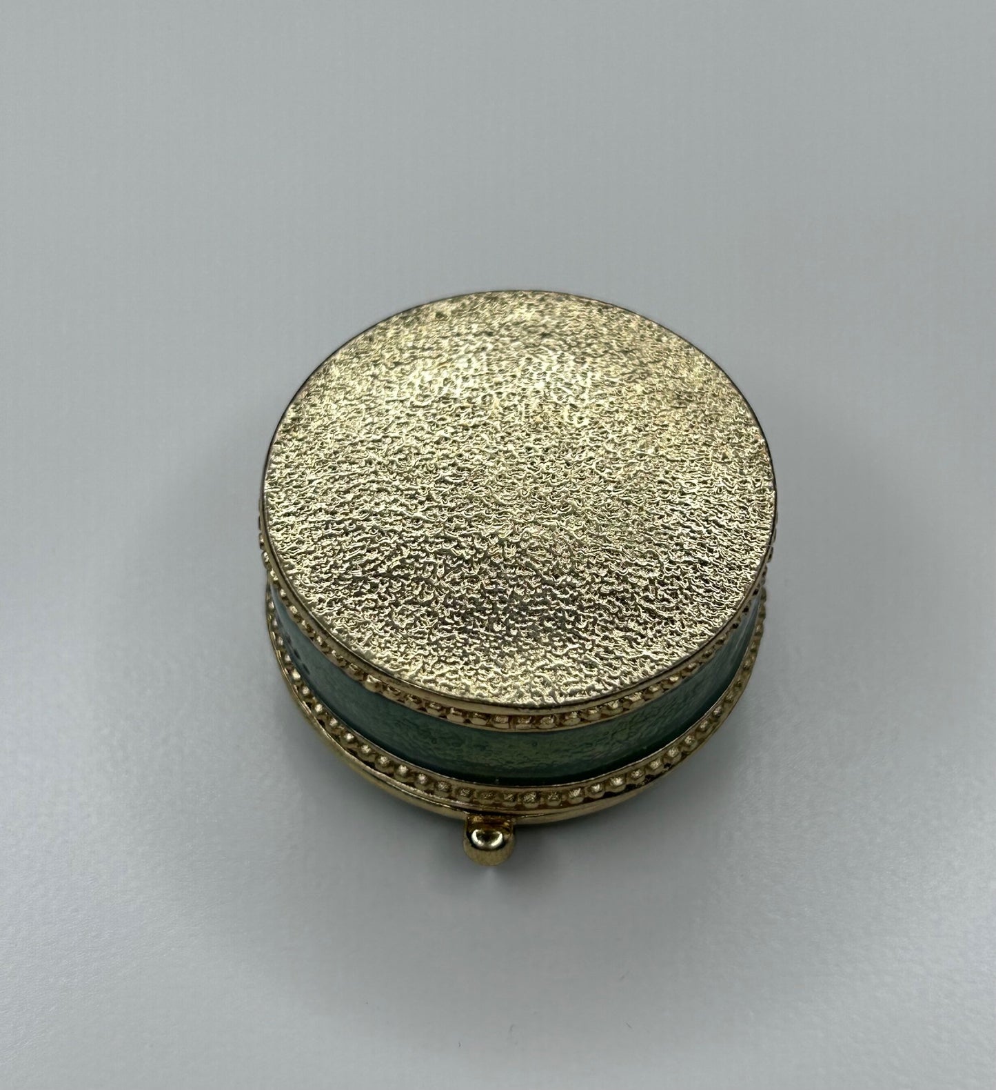 Angel Figure Green Gold Enamel Pill Box Light Blue Rhinestones Magnetic Closure 1.5"