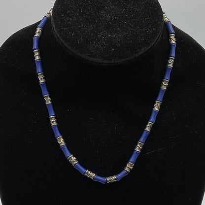 Blue and Silvertone Tube Shaped Beads Fashion Jewelry Necklace