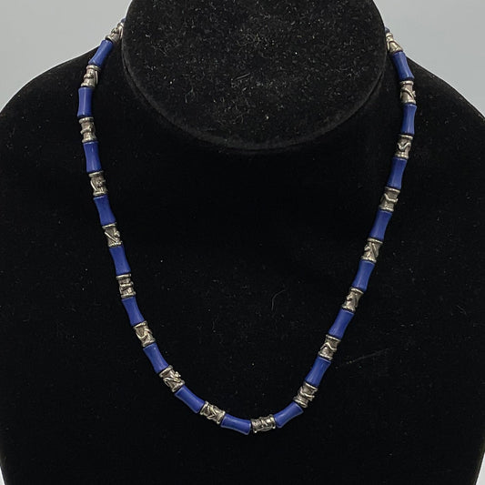 Blue and Silvertone Tube Shaped Beads Fashion Jewelry Necklace