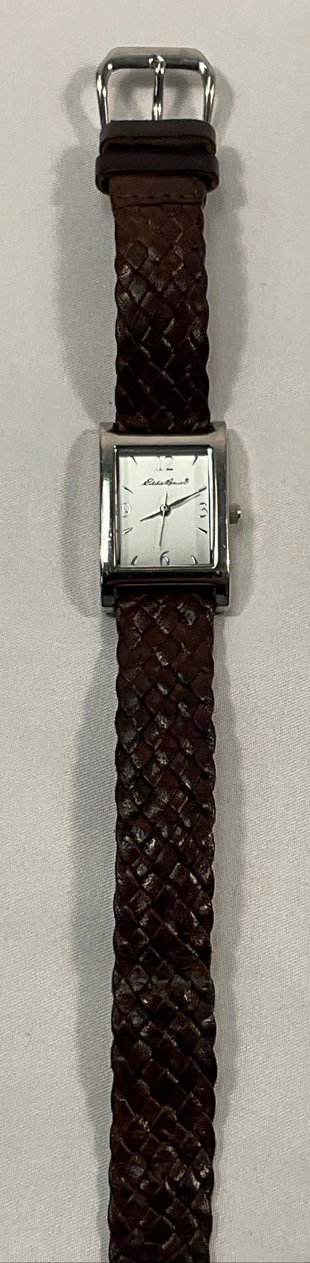 Eddie Bauer Quartz Silvertone Women's Watch Braided Brown Leather Band Working New Battery