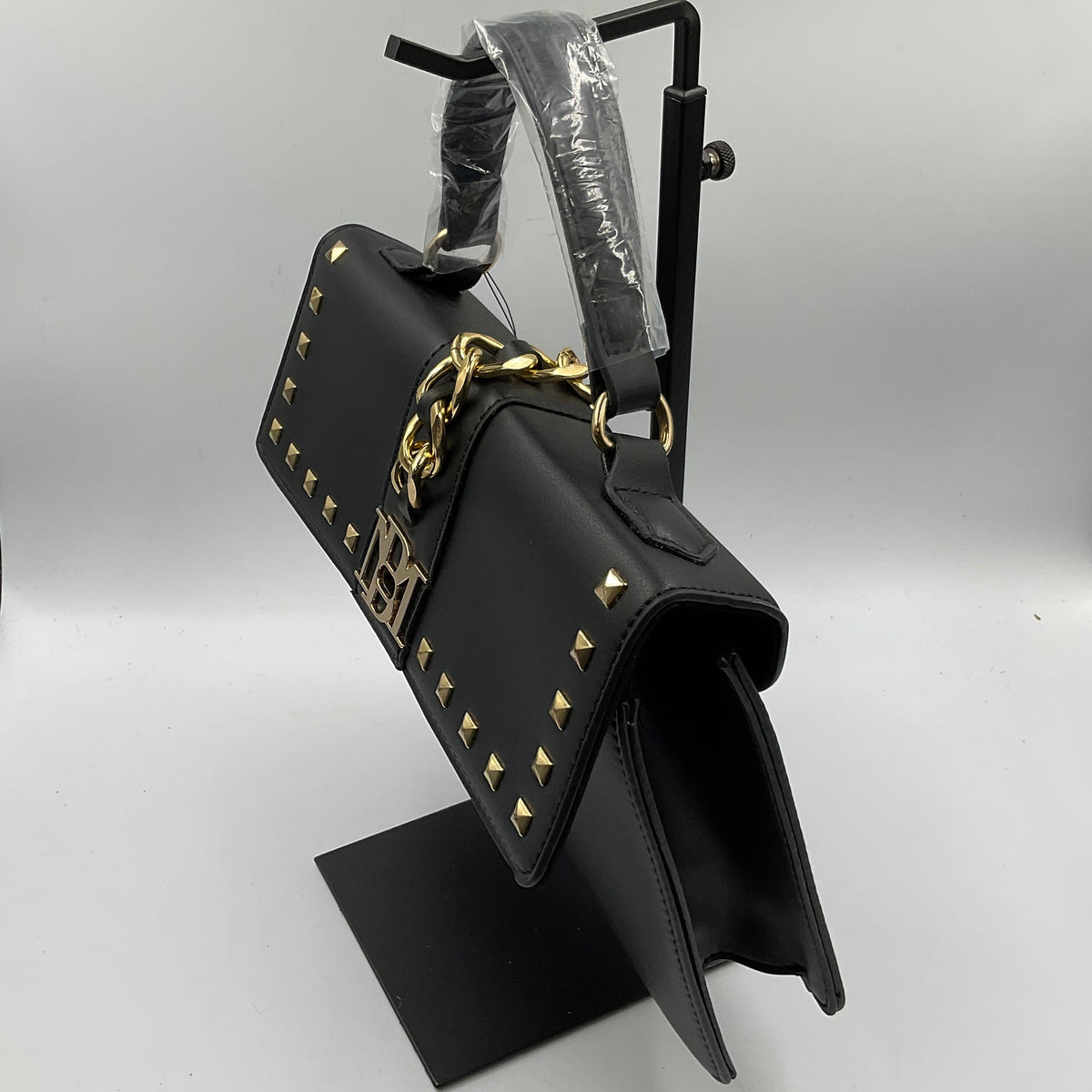Badgley Mischka Monogram Black Studded Satchel Handbag Goldtone Hardware New with Tags NWT