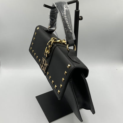 Badgley Mischka Monogram Black Studded Satchel Handbag Goldtone Hardware New with Tags NWT
