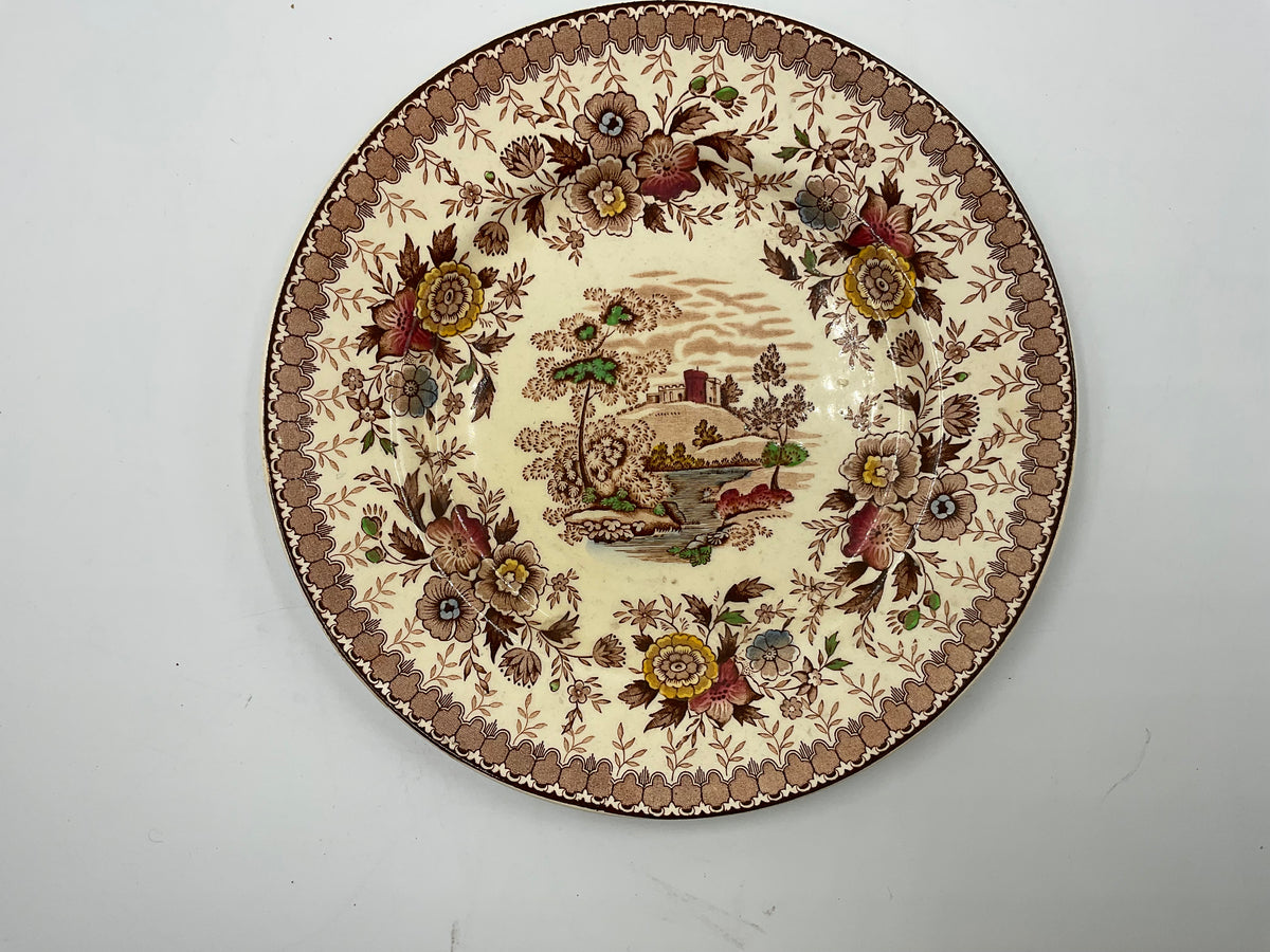 Vintage Ridgeway Windsor England Transferware Dinner Plate Floral Scenic Brown