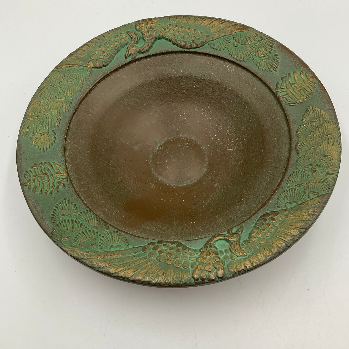 Japanese Cast Iron Incense Bowl With Peacock & Calligraphy Designs