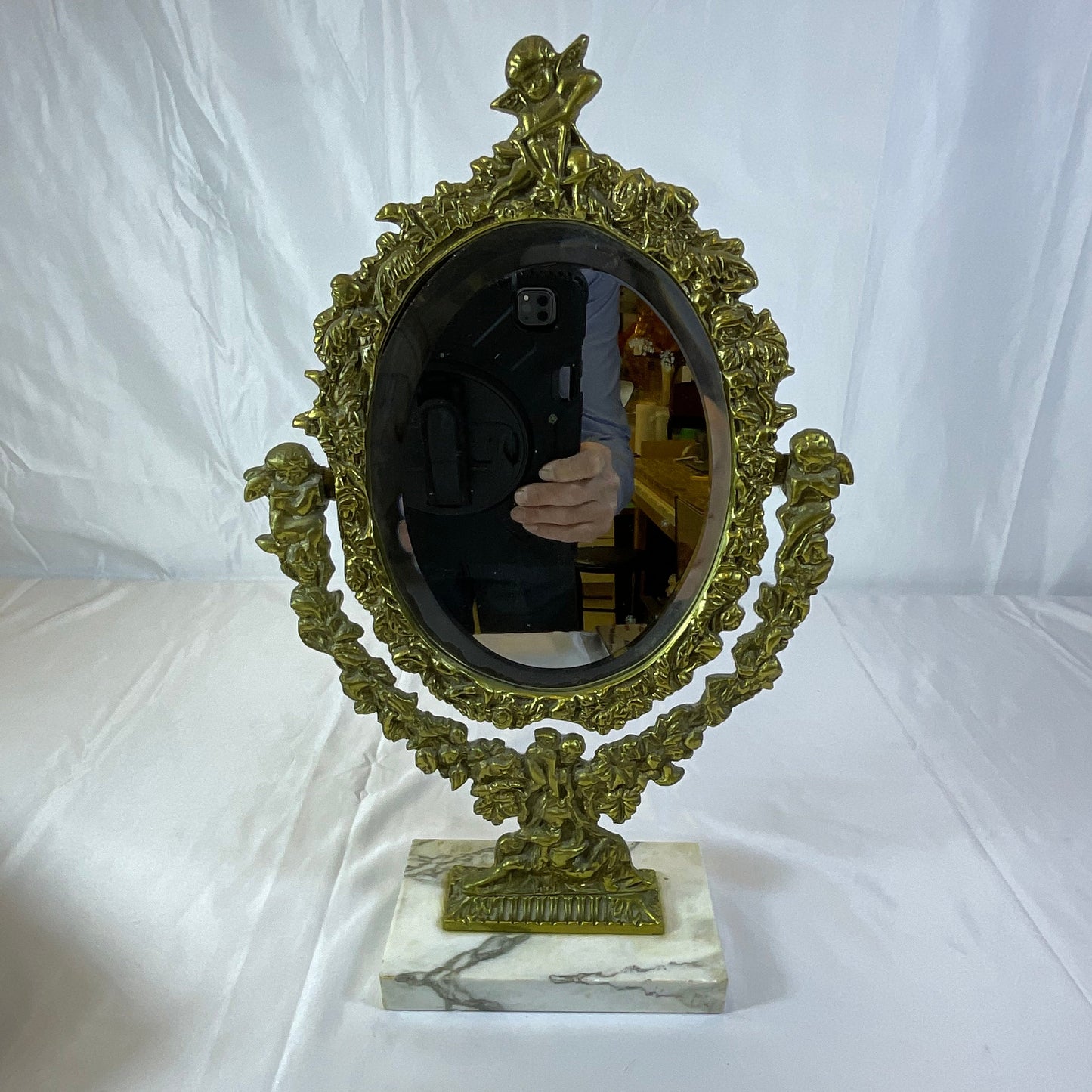 Brass and Marble Vintage Cherub Vanity Mirror 16 Inches x 10 Inches