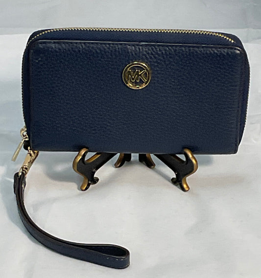 Michael Kors Navy Blue Leather Goldtone Hardware Wristlet Clutch Wallet Purse with Removable Strap
