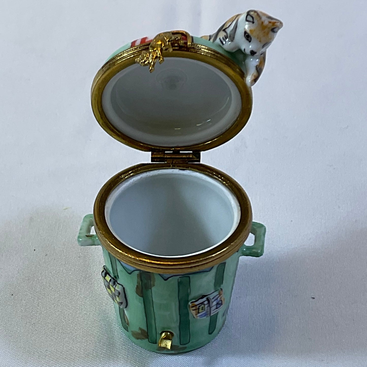 Peint a la Main Limoges France Authentic Vintage Collectible Hand Painted Porcelain Cat on Garbage Can Trinket Box