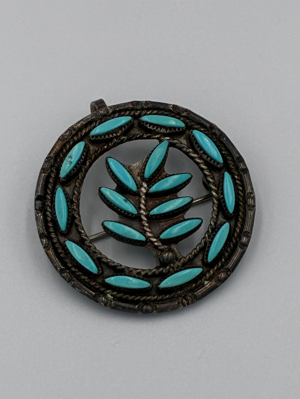 Vintage Zuni Native American Sterling Turquoise Needlepoint Pin Signed