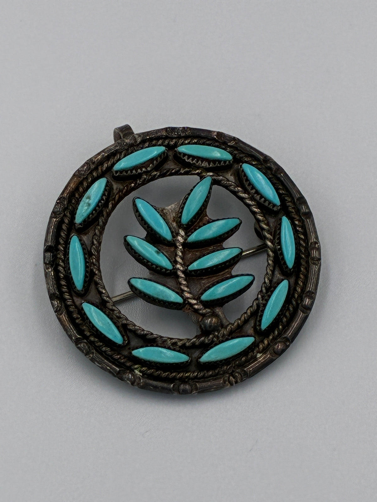 Vintage Zuni Native American Sterling Turquoise Needlepoint Pin Signed