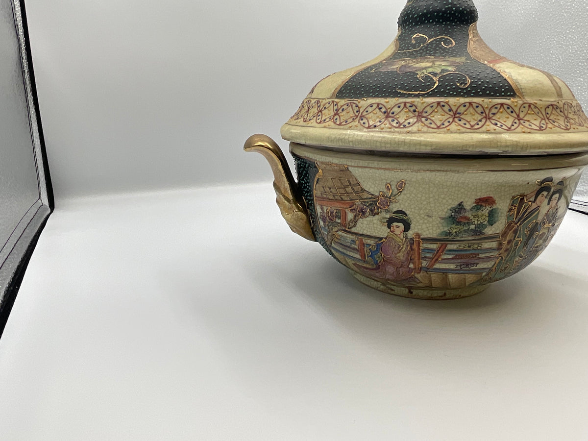 vintage Japanese Satsuma style earthenware covered tureen or casserole dish