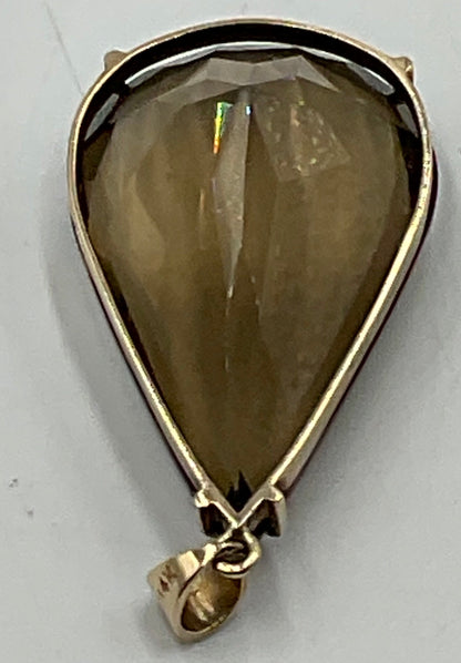 14K Gold Marked Smokey Quartz Pear Cut Gemstone Pendant 23.9g