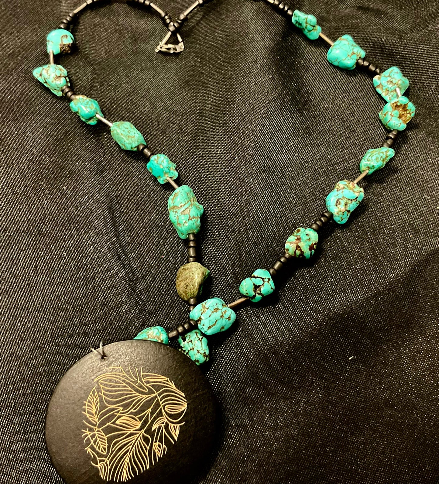 Turquoise Stone-Style Beaded Necklace Gold Color Leaf Large Dark Wood Pendant 26.5"