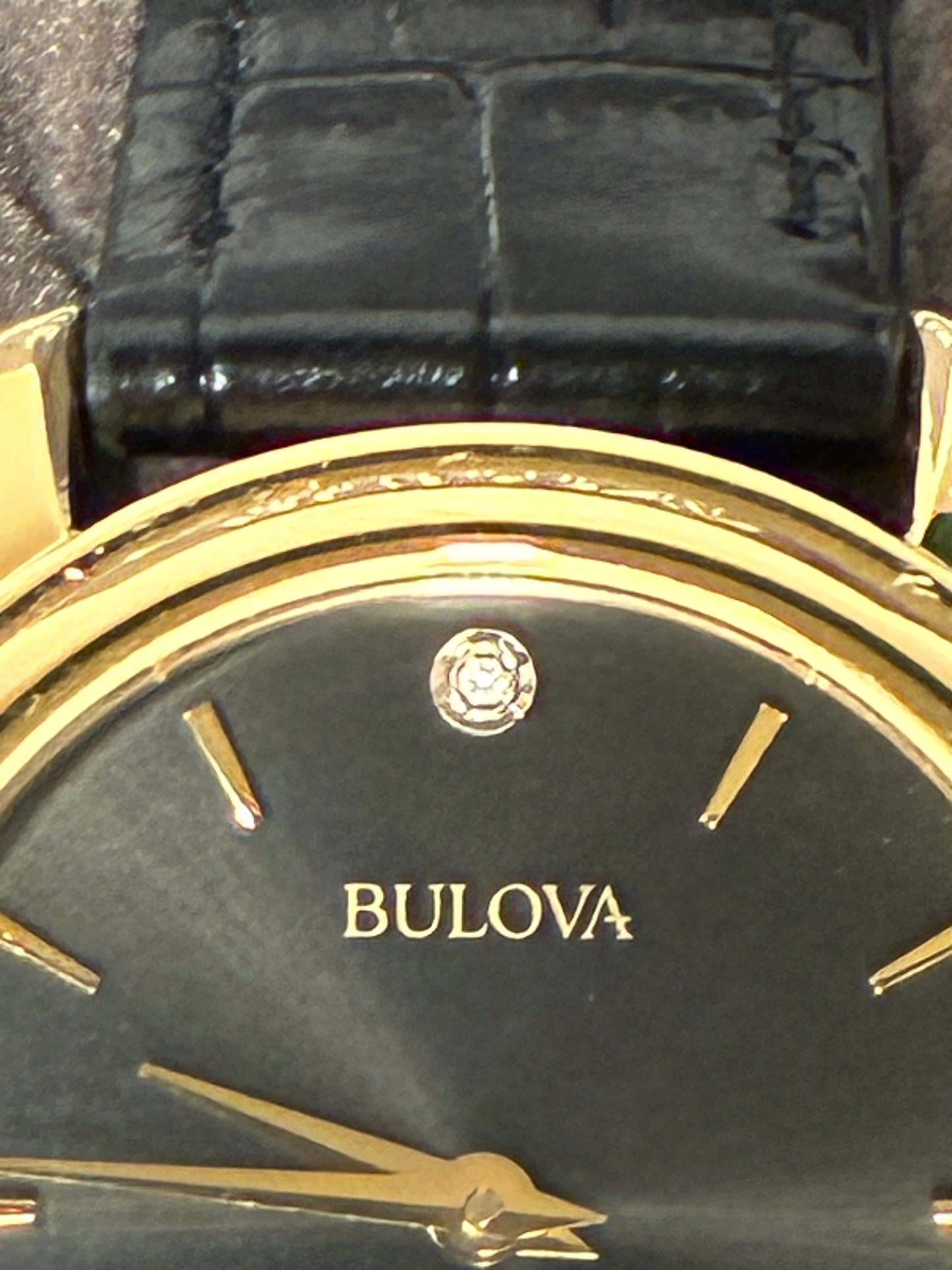 Bulova Diamond Accent Corporate Collection Women's Watch New in Original Box Gold-Tone Sunray Dial Black Leather Straps