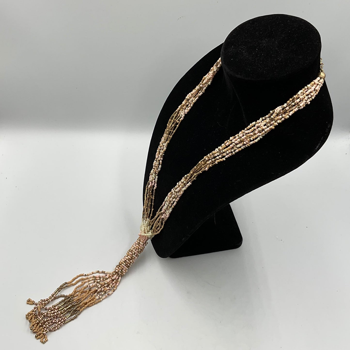 Long Dangling Tassel Necklace Tan Small Beaded Design Fashion Jewelry