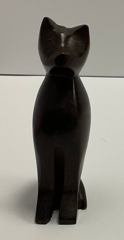 Wooden Cat Figurine Dark Wood Sitting Cat Sculpture