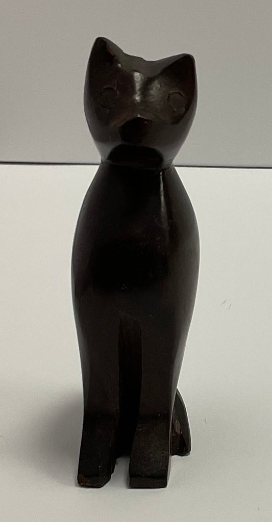 Wooden Cat Figurine Dark Wood Sitting Cat Sculpture