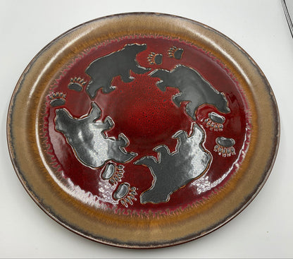 Rustic Bear Round Ceramic Serving Platter Red Brown Lodge Cabin Decor