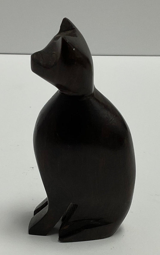 Wooden Cat Figurine Dark Wood Sitting Cat Sculpture